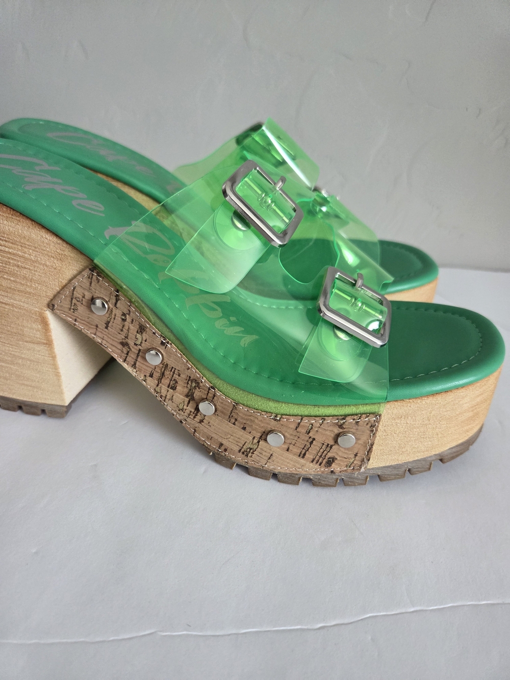 Cape Robbin Green Clear Double Buckle Platform Mule Sandals 7 - Picture 8 of 9